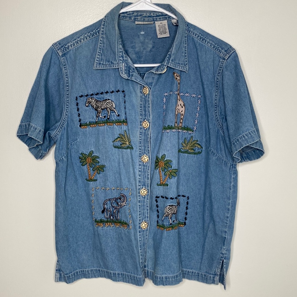 Vintage 90’s Safari Embroidered denim button down| Grandmacore